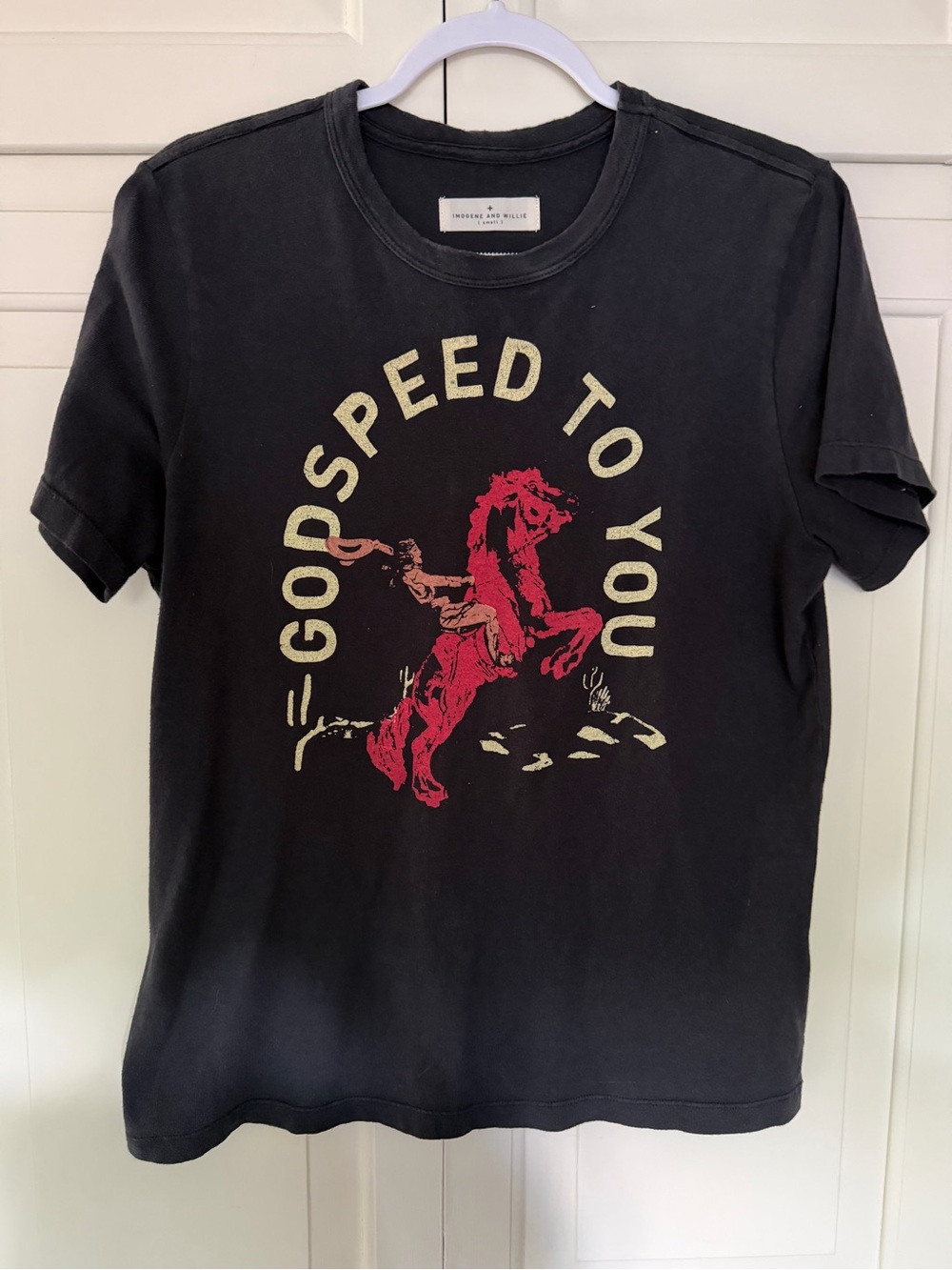 Huckberry Black Tee with Red Rearing Horse and Cream Lettering